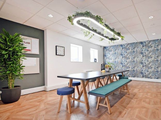 Office Kitchen with plants on lights and a plant pot in the corner of room 