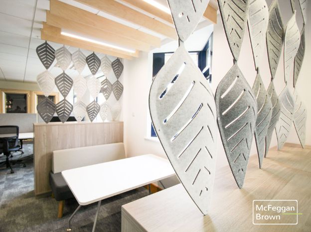 Office Wall with Decorative Acoustic Solution; silver panels hanging from ceiling