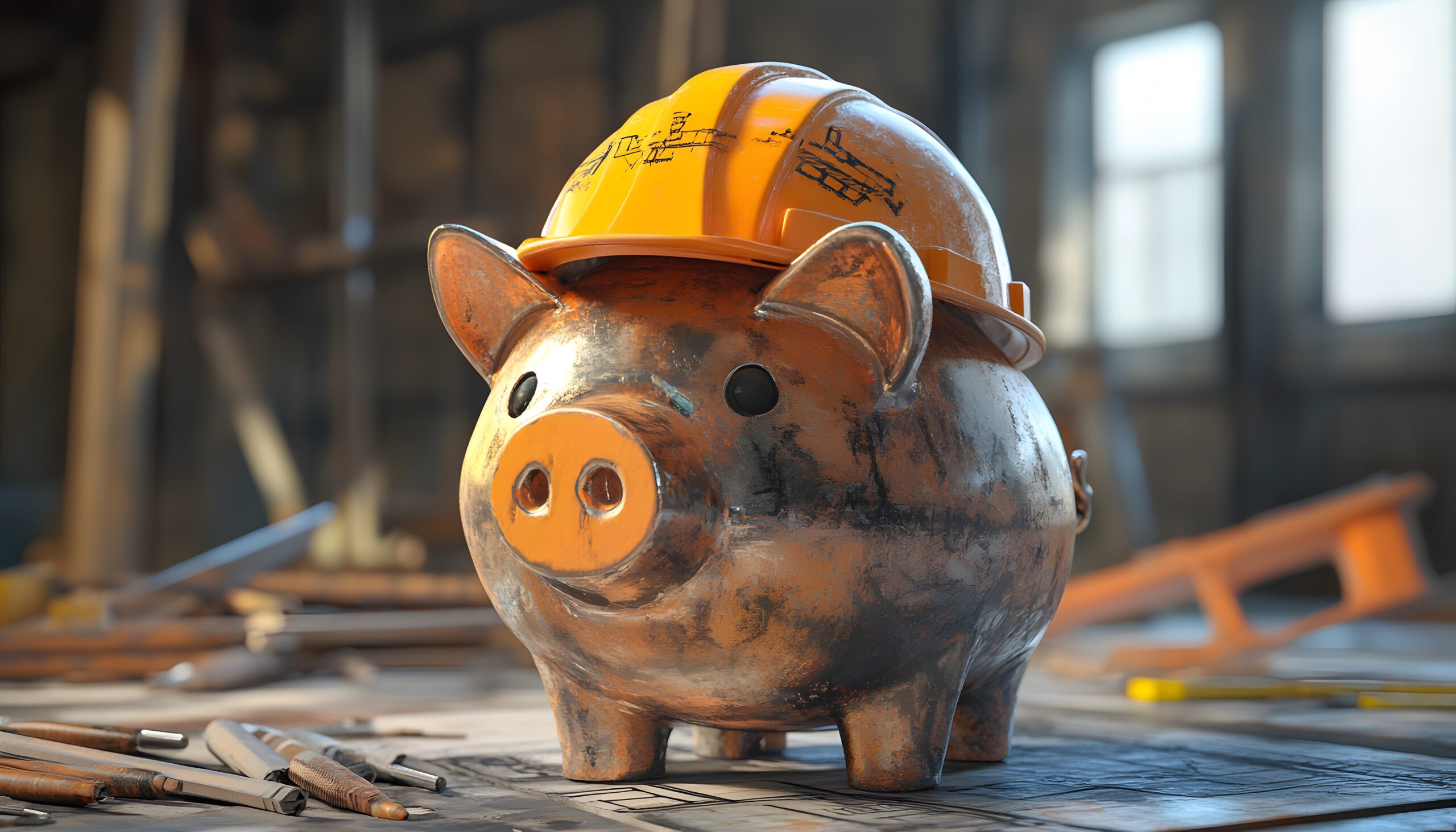 AdobeStock 959206387 scaled A piggy bank wearing a construction hard hat placed on blueprints, surrounded by tools, symbolising savings and investments in construction projects.